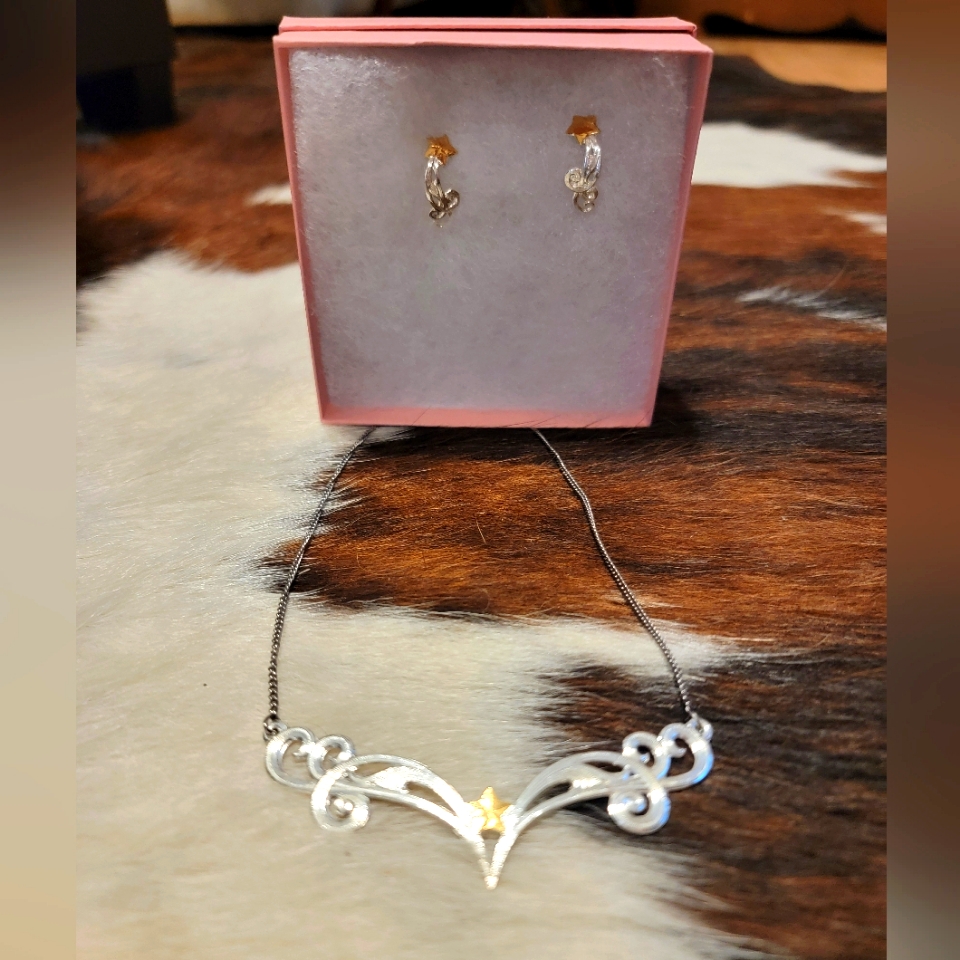 Ladies Justin Western Silver And Gold Star Earring And Necklace Set 32$